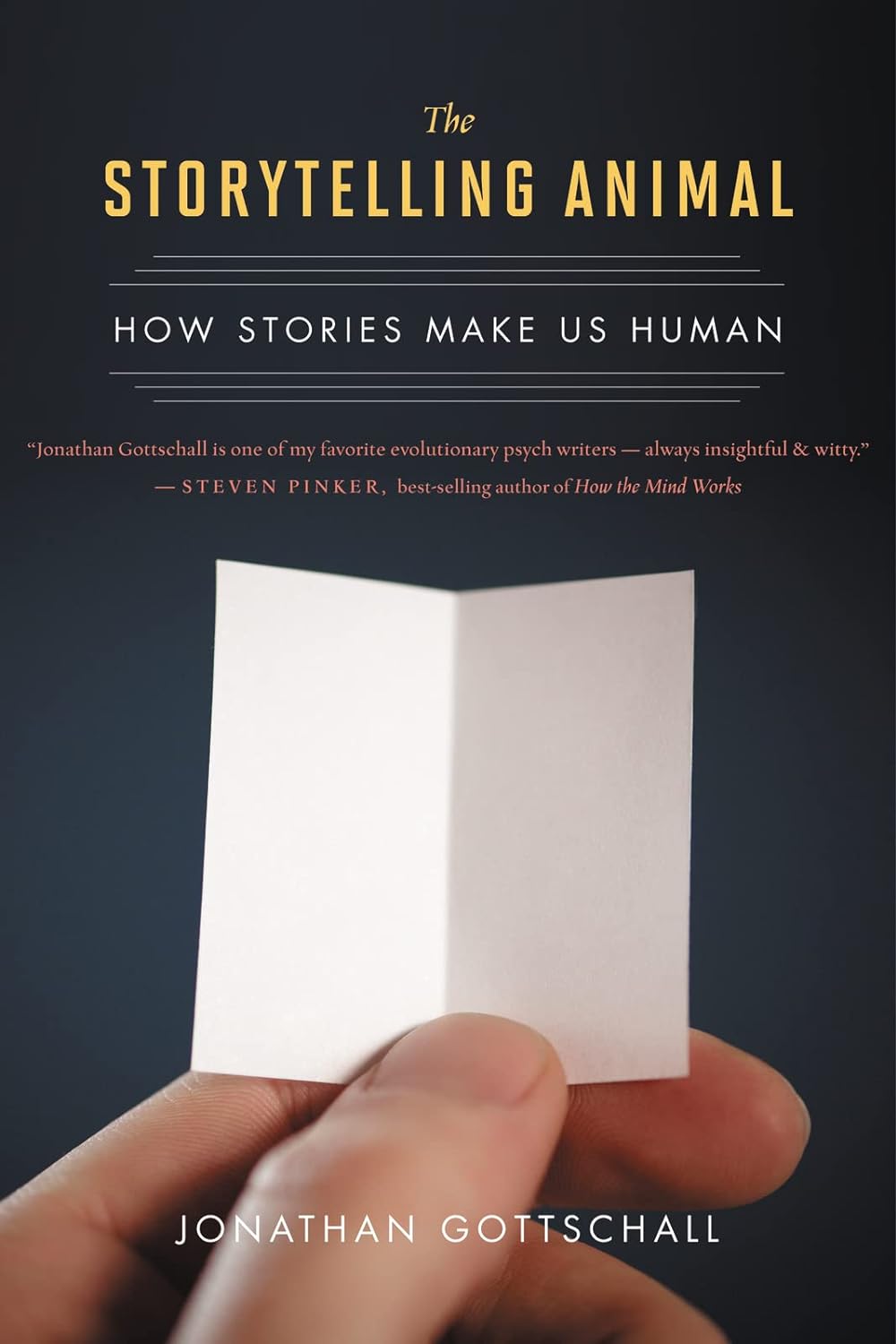 This image is the cover art of the fundraising book The Storytelling Animal: How Stories Make Us Human by Jonathan Gottschall.